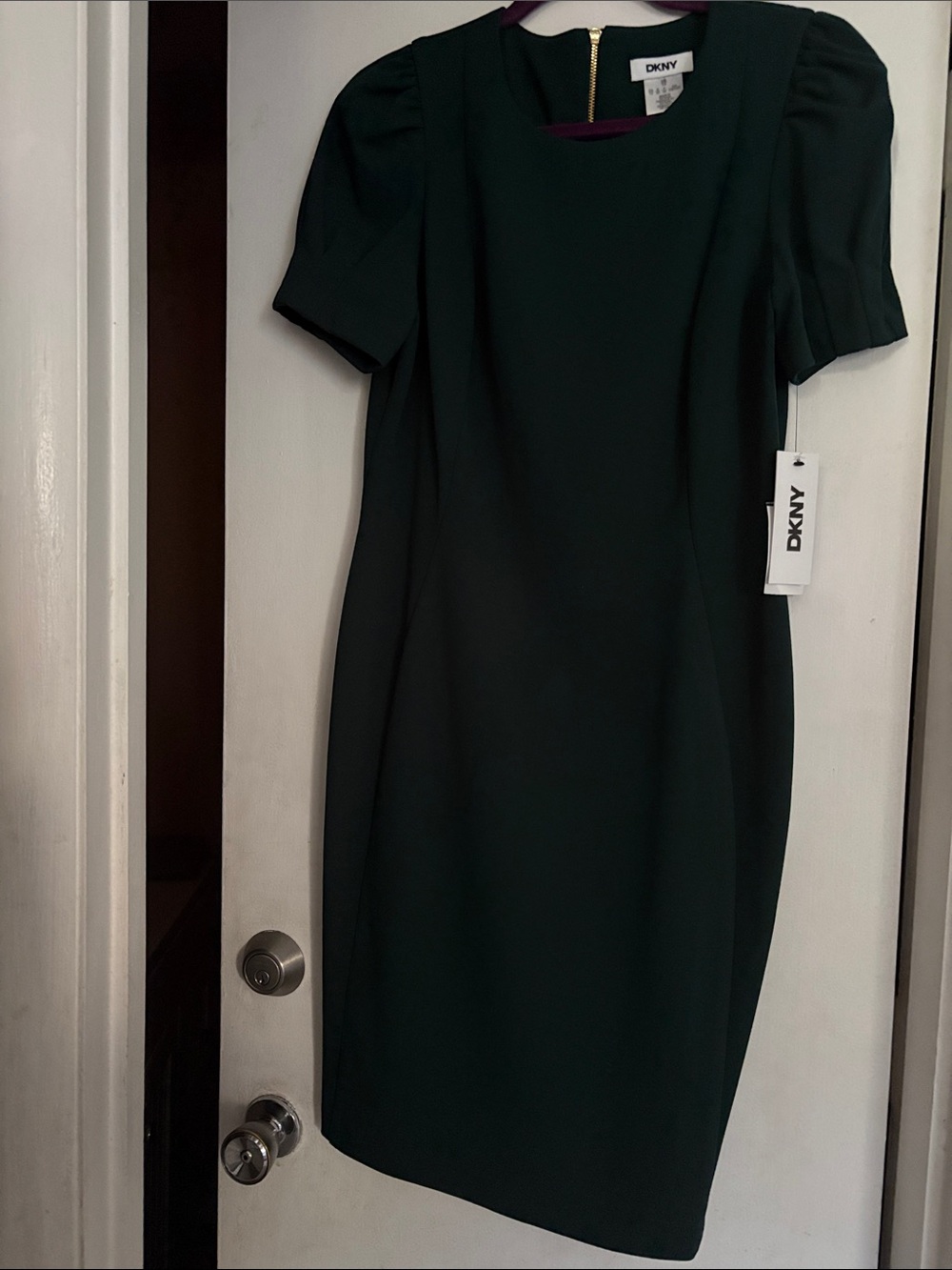 DKNY Dark Green Puff-Sleeve Sheath Dress, size 10.